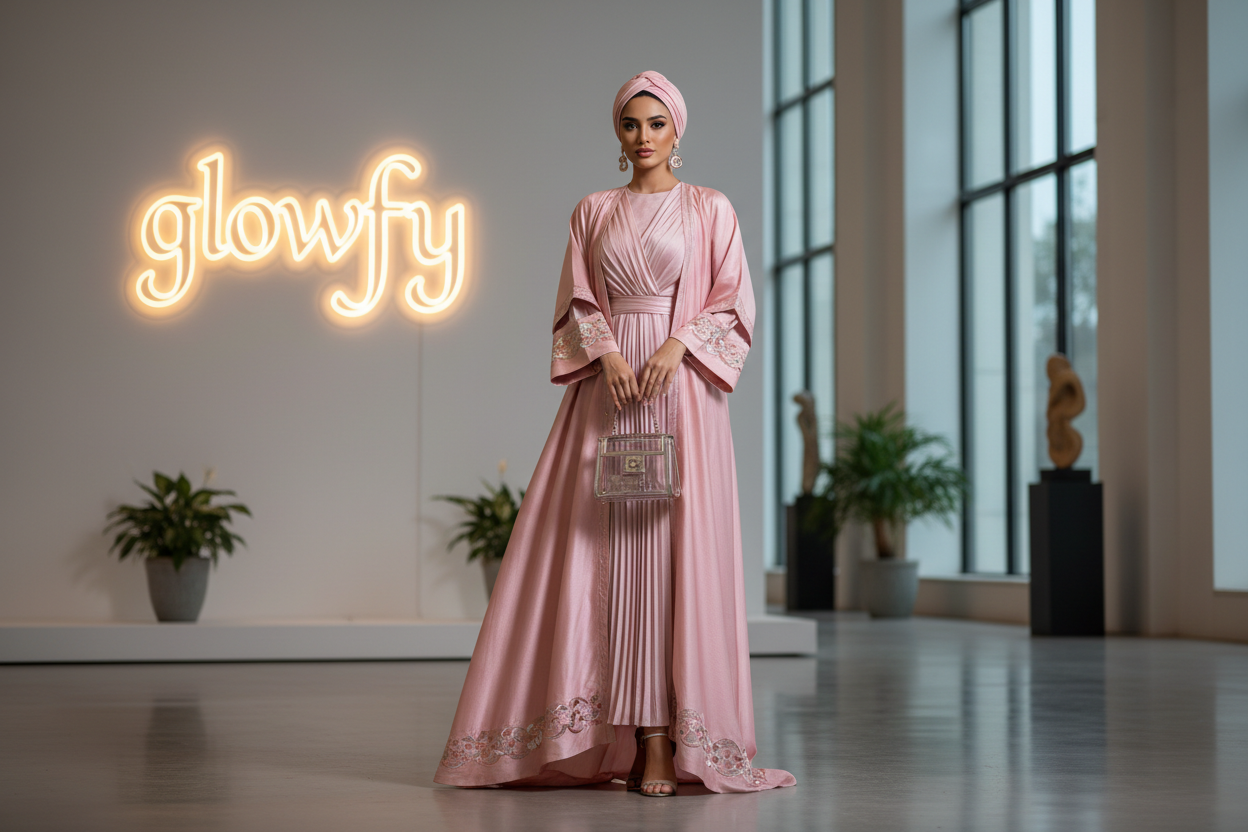 Genere moi une image de femme portant vetement arabe stylé avec ecrit glowfy